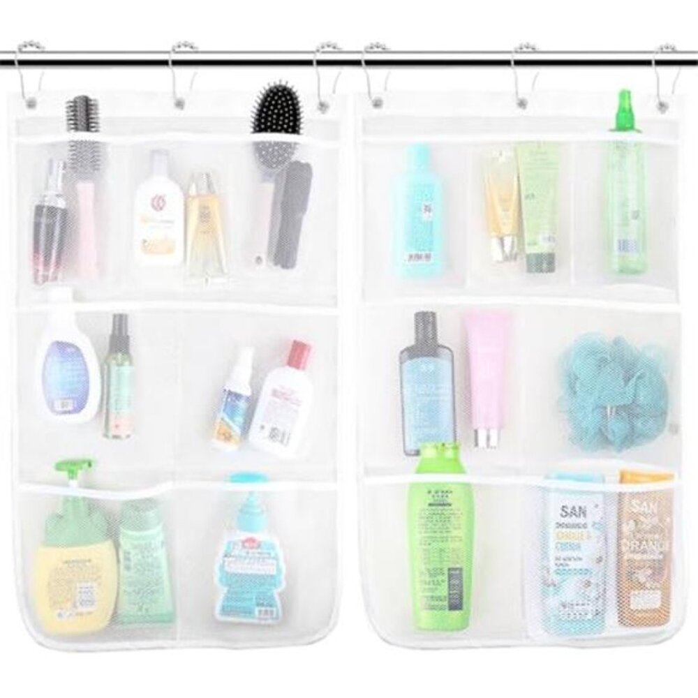 Mesh Shower Caddy Hanging Organizer 7 Pockets 6 Hooks Portable Bathroom Storage